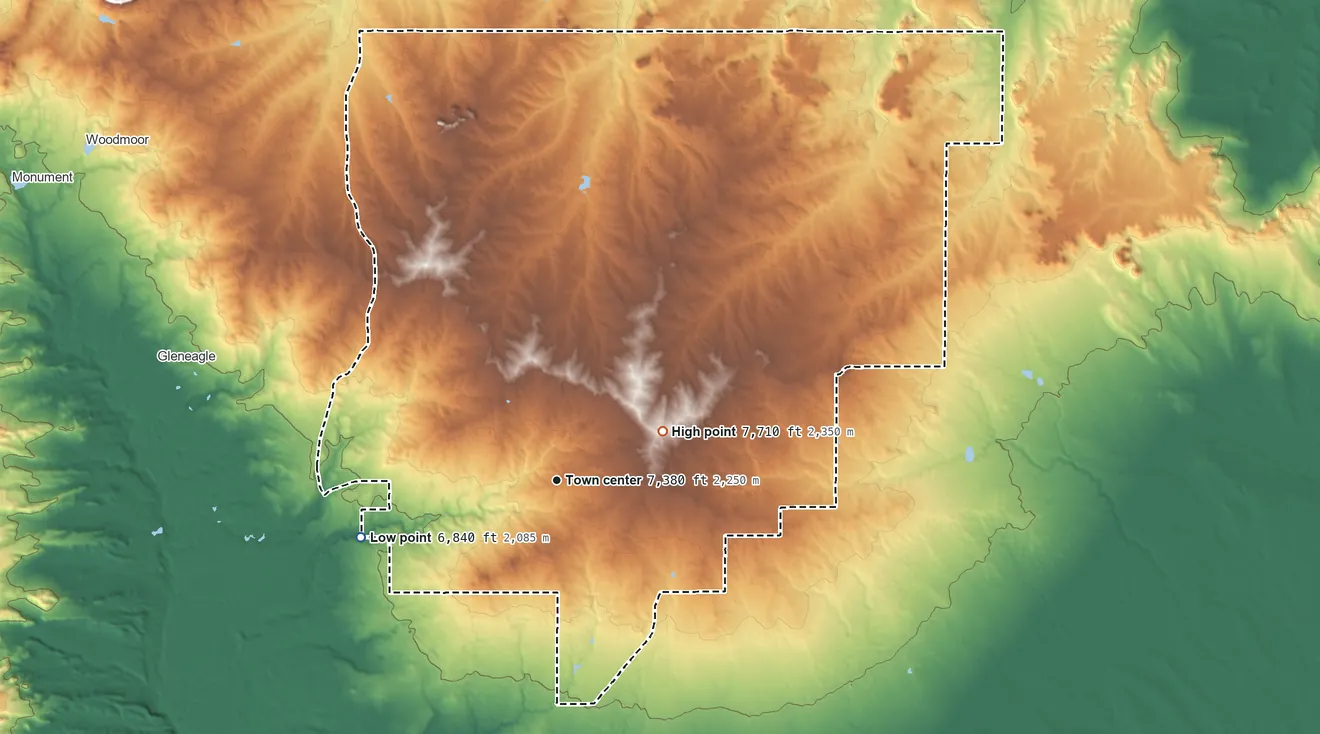 Topographic elevation map of Black Forest, Colorado, shaded from 6,840 ft on the west side to 7,710 ft on Vollmer Hill