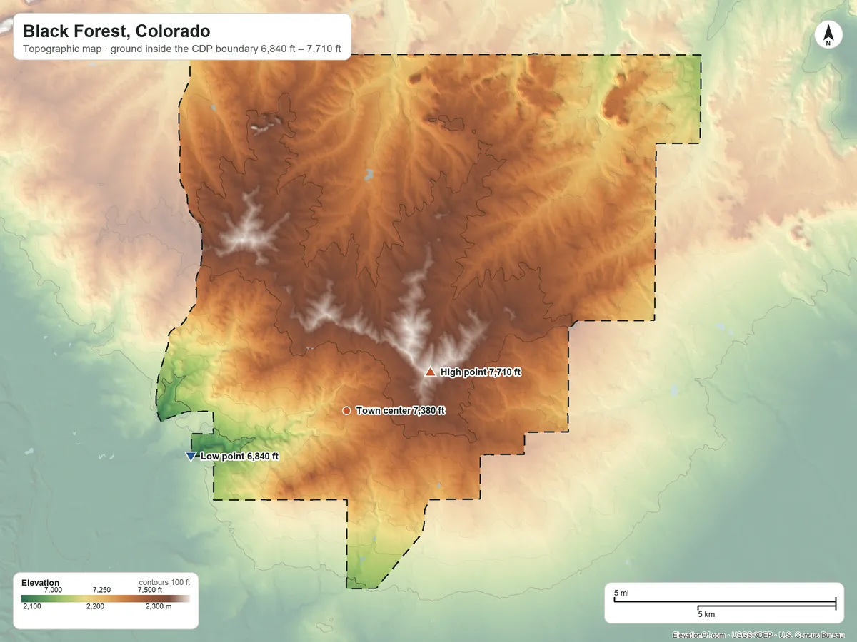 Topographic elevation map of Black Forest, Colorado, shaded from 6,840 ft on the west side to 7,710 ft on Vollmer Hill