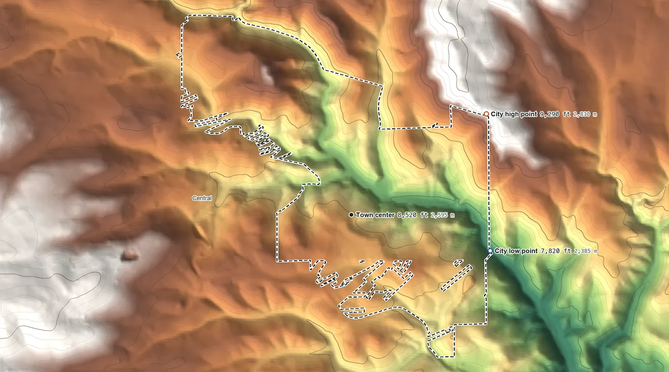 Topographic elevation map of Black Hawk, Colorado, shaded from 7,820 ft on the east side to 9,290 ft on the northeast edge, below higher ground just outside
