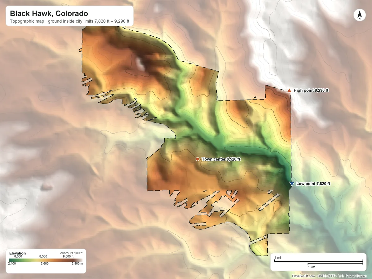 Topographic elevation map of Black Hawk, Colorado, shaded from 7,820 ft on the east side to 9,290 ft on the northeast edge, below higher ground just outside