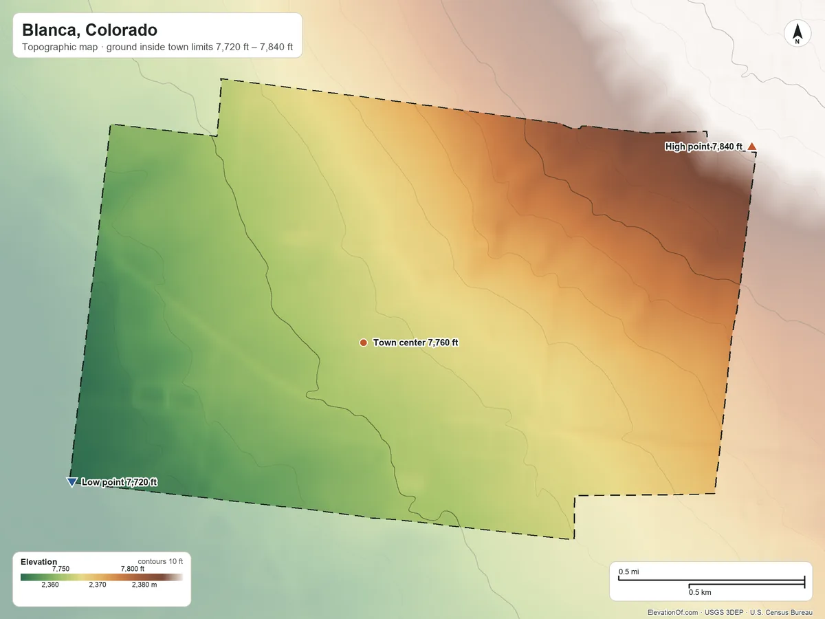 Topographic elevation map of Blanca, Colorado, shaded from 7,720 ft on the southwest side to 7,840 ft on the northeast edge, below higher ground just outside