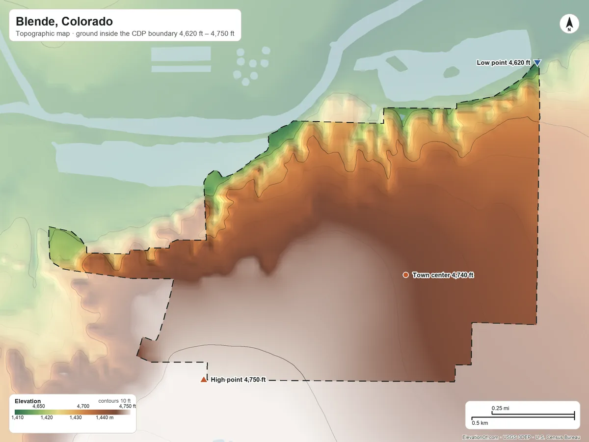 Topographic elevation map of Blende, Colorado, shaded from 4,620 ft on the northeast side to 4,750 ft on the southwest side