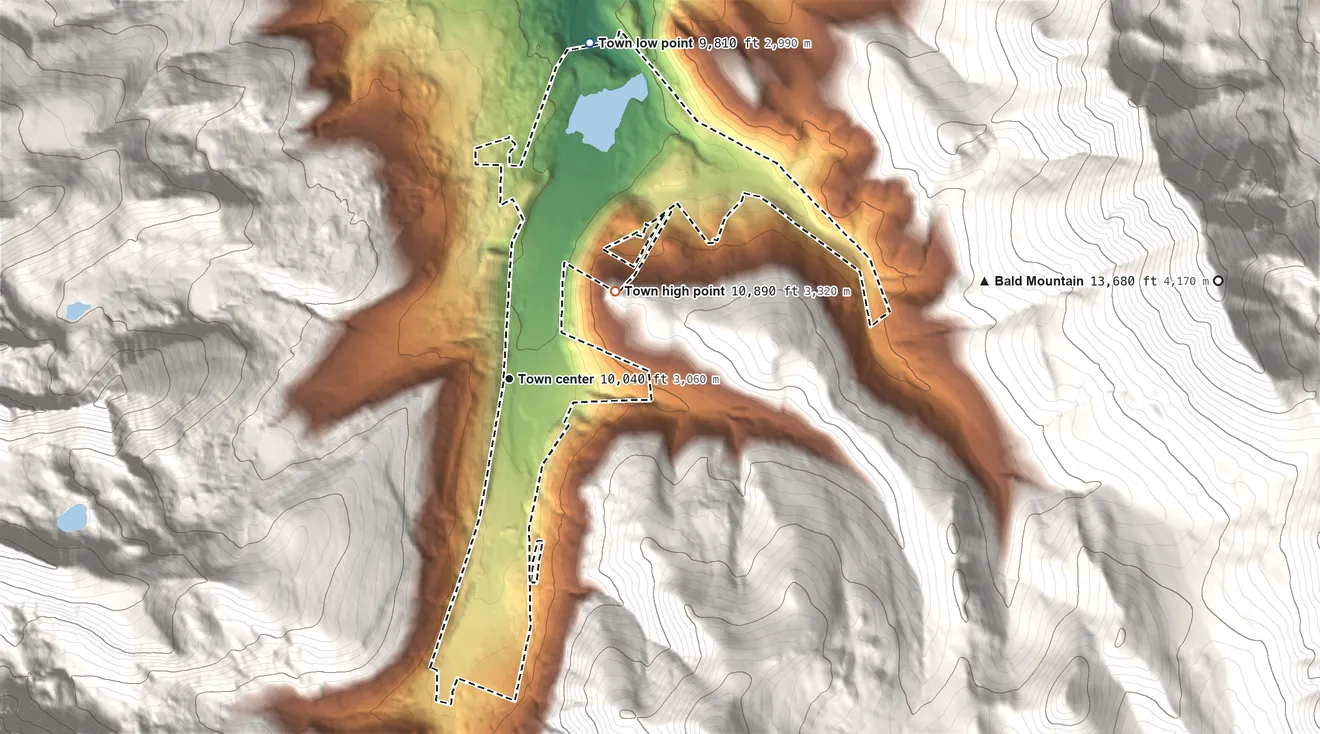 Topographic elevation map of Blue River, Colorado, shaded from 9,810 ft on the north side to 10,890 ft at the foot of the Tenmile Range