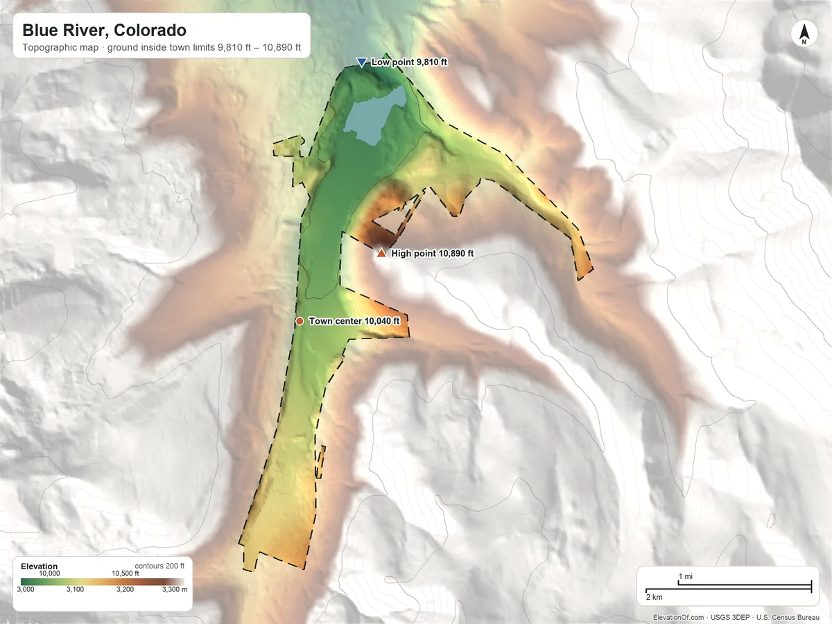 Topographic elevation map of Blue River, Colorado, shaded from 9,810 ft on the north side to 10,890 ft at the foot of the Tenmile Range