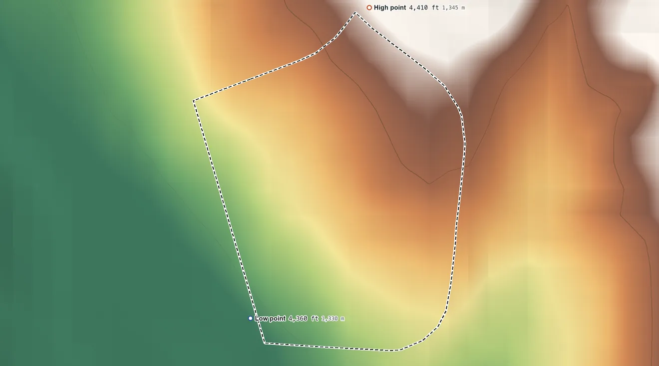 Topographic elevation map of Blue Sky, Colorado, shaded from 4,360 ft on the southwest side to 4,410 ft on the north side