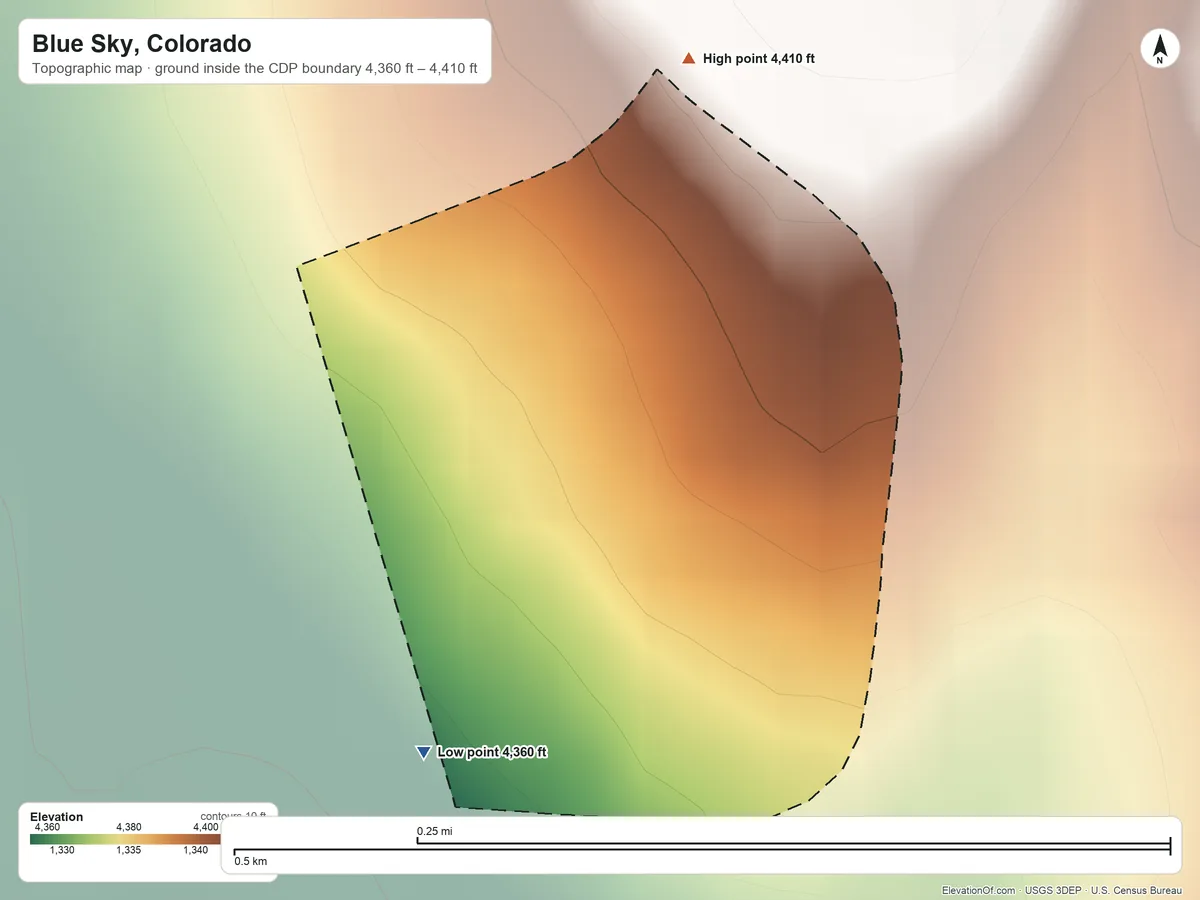 Topographic elevation map of Blue Sky, Colorado, shaded from 4,360 ft on the southwest side to 4,410 ft on the north side