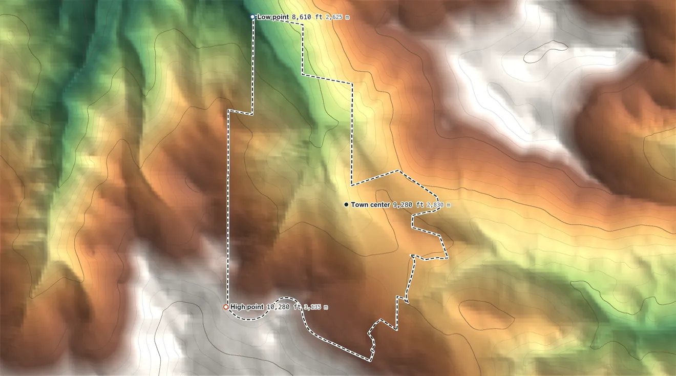 Topographic elevation map of Blue Valley, Colorado, shaded from 8,610 ft on the northwest side to 10,280 ft on the southwest edge, below higher ground just outside