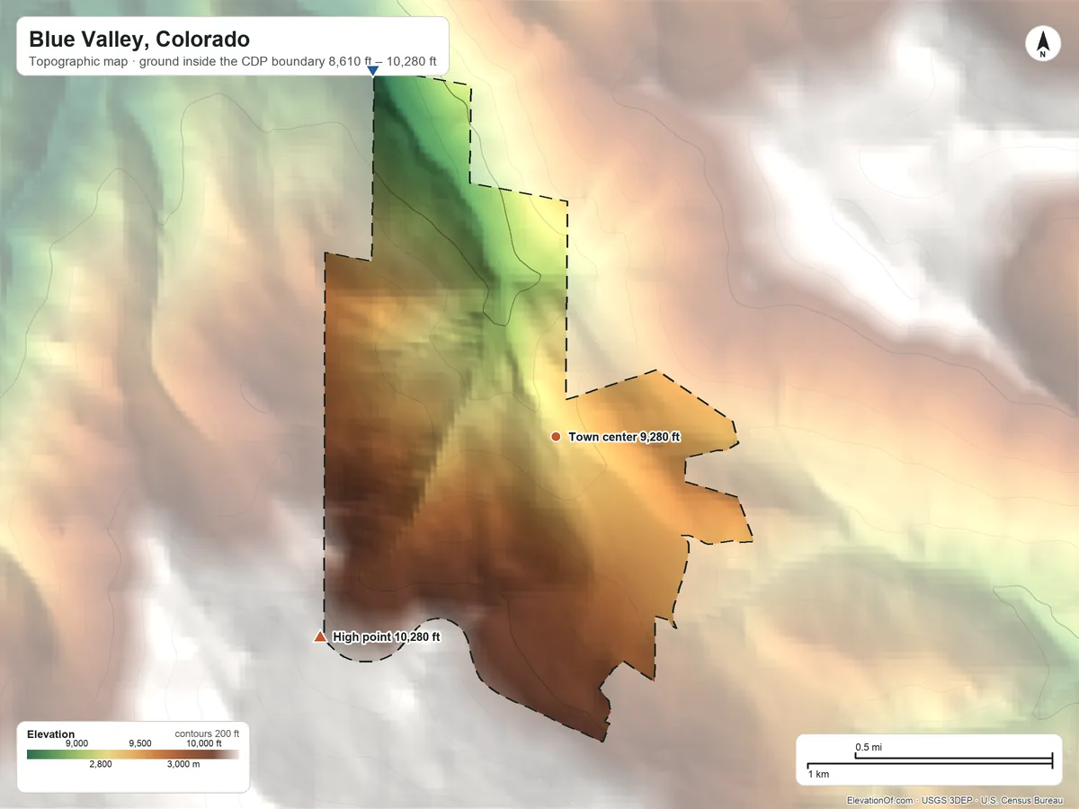 Topographic elevation map of Blue Valley, Colorado, shaded from 8,610 ft on the northwest side to 10,280 ft on the southwest edge, below higher ground just outside