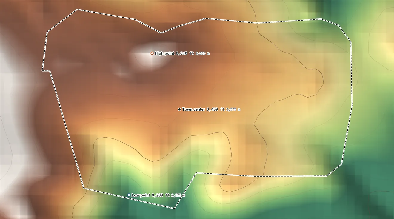 Topographic elevation map of Bonanza Mountain Estates, Colorado, shaded from 8,280 ft on the southwest side to 8,540 ft at the foot of the Indian Peaks