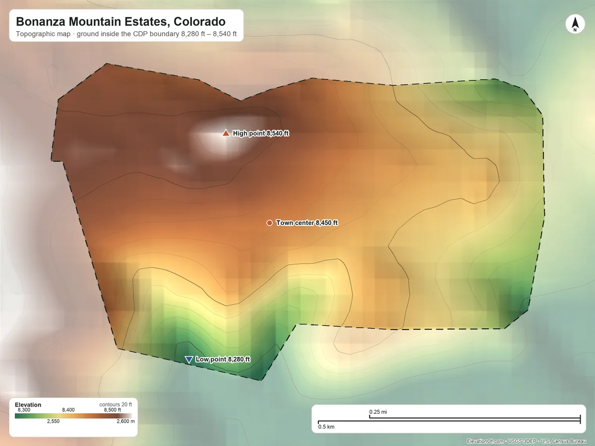 Topographic elevation map of Bonanza Mountain Estates, Colorado, shaded from 8,280 ft on the southwest side to 8,540 ft at the foot of the Indian Peaks