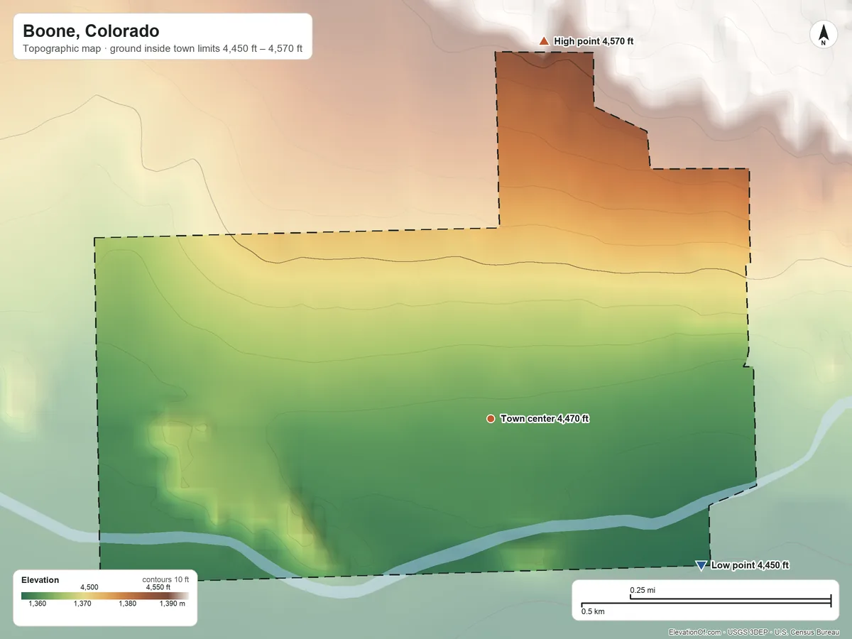 Topographic elevation map of Boone, Colorado, shaded from 4,450 ft on the southeast side to 4,570 ft on the north side