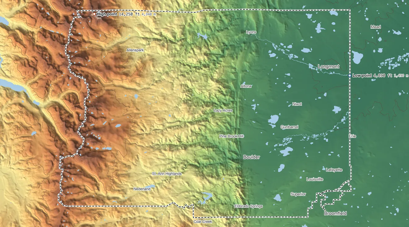 Topographic elevation map of Boulder County, Colorado, shaded from 4,890 ft on the east side to 14,250 ft on Longs Peak