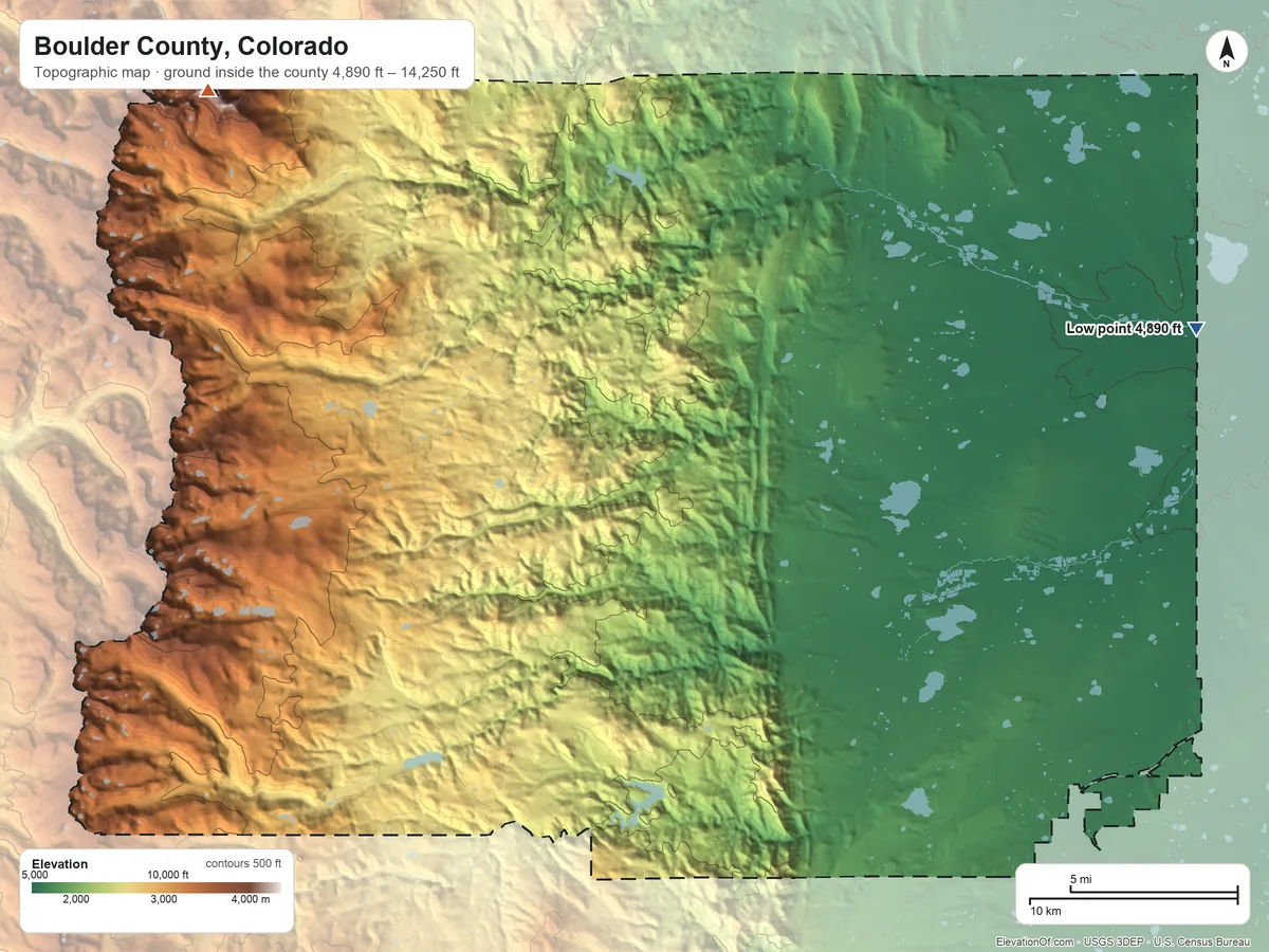 Topographic elevation map of Boulder County, Colorado, shaded from 4,890 ft on the east side to 14,250 ft on Longs Peak