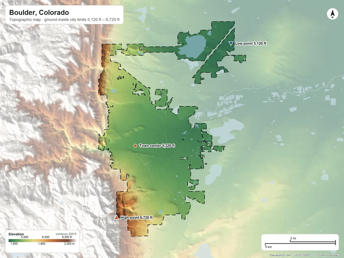 Topographic elevation map of Boulder, Colorado, shaded from 5,120 ft on the northeast side to 6,720 ft on the south edge, below higher ground just outside