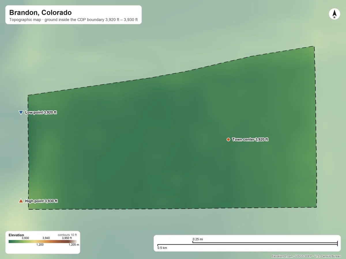 Topographic elevation map of Brandon, Colorado, shaded from 3,920 ft on the west side to 3,930 ft on the west side