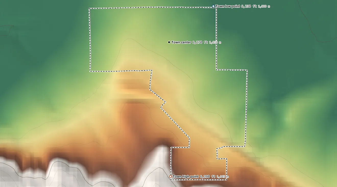 Topographic elevation map of Branson, Colorado, shaded from 6,230 ft on the northeast side to 6,390 ft on the south edge, below higher ground just outside