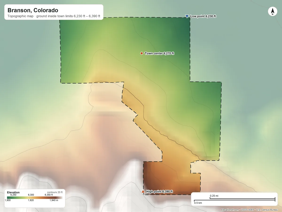 Topographic elevation map of Branson, Colorado, shaded from 6,230 ft on the northeast side to 6,390 ft on the south edge, below higher ground just outside