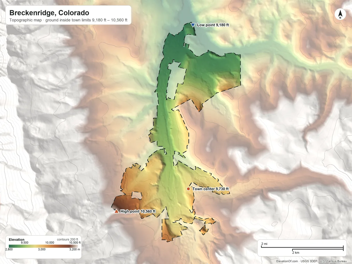 Topographic elevation map of Breckenridge, Colorado, shaded from 9,180 ft on the north side to 10,560 ft at the foot of the Tenmile Range