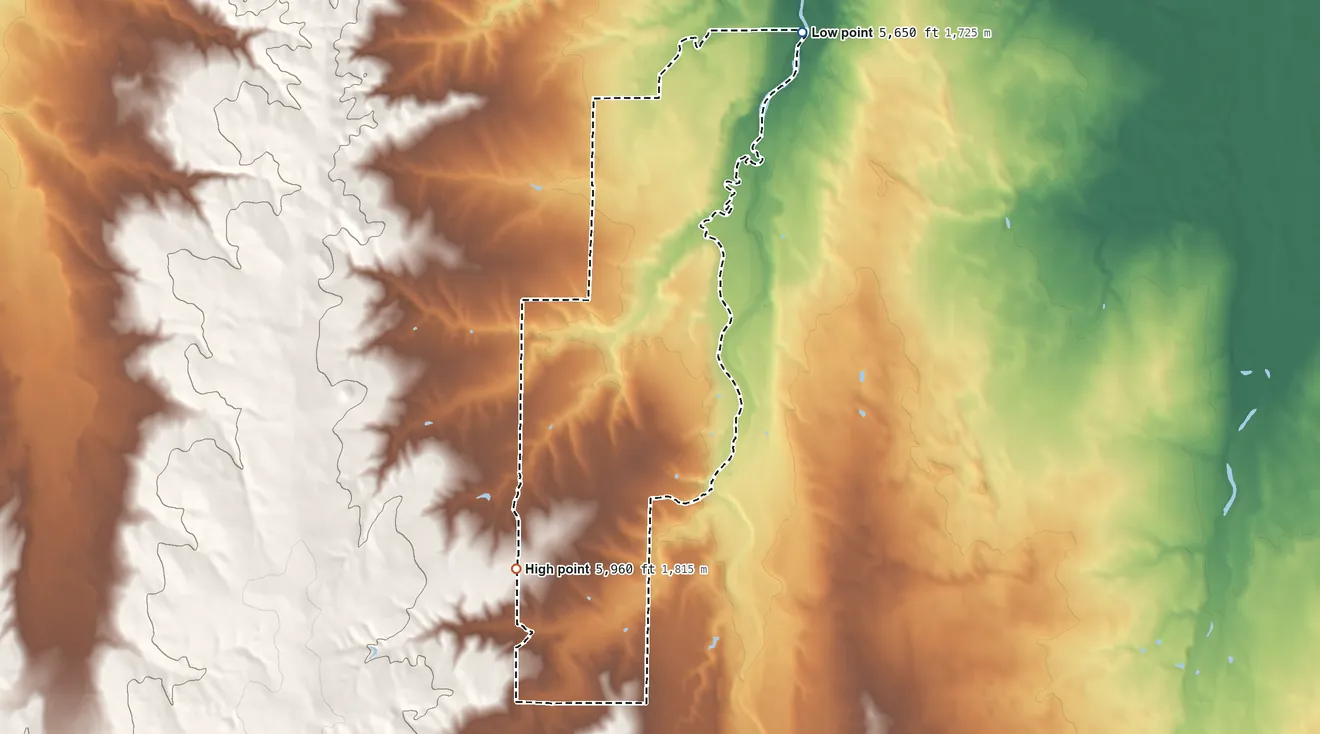 Topographic elevation map of Brick Center, Colorado, shaded from 5,650 ft on the northeast side to 5,960 ft on the southwest side