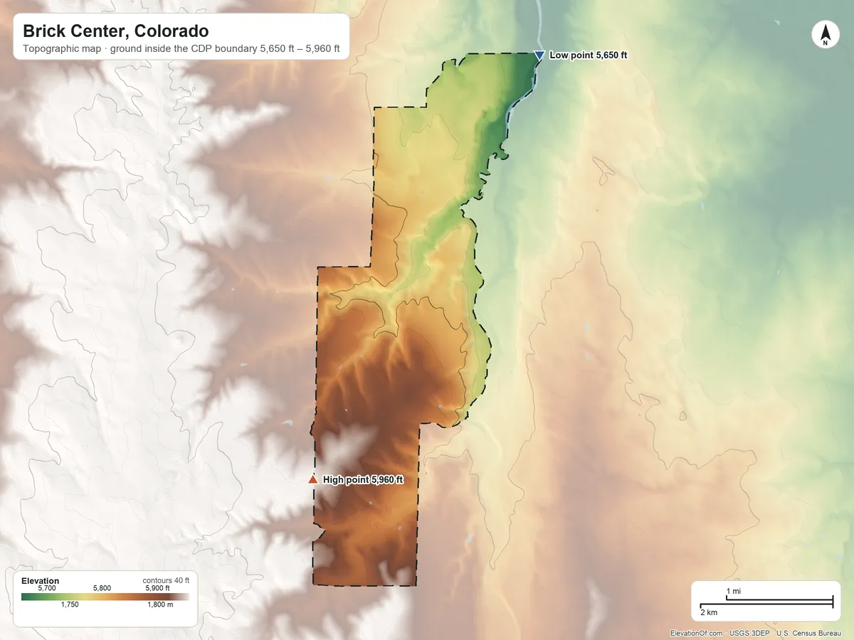 Topographic elevation map of Brick Center, Colorado, shaded from 5,650 ft on the northeast side to 5,960 ft on the southwest side