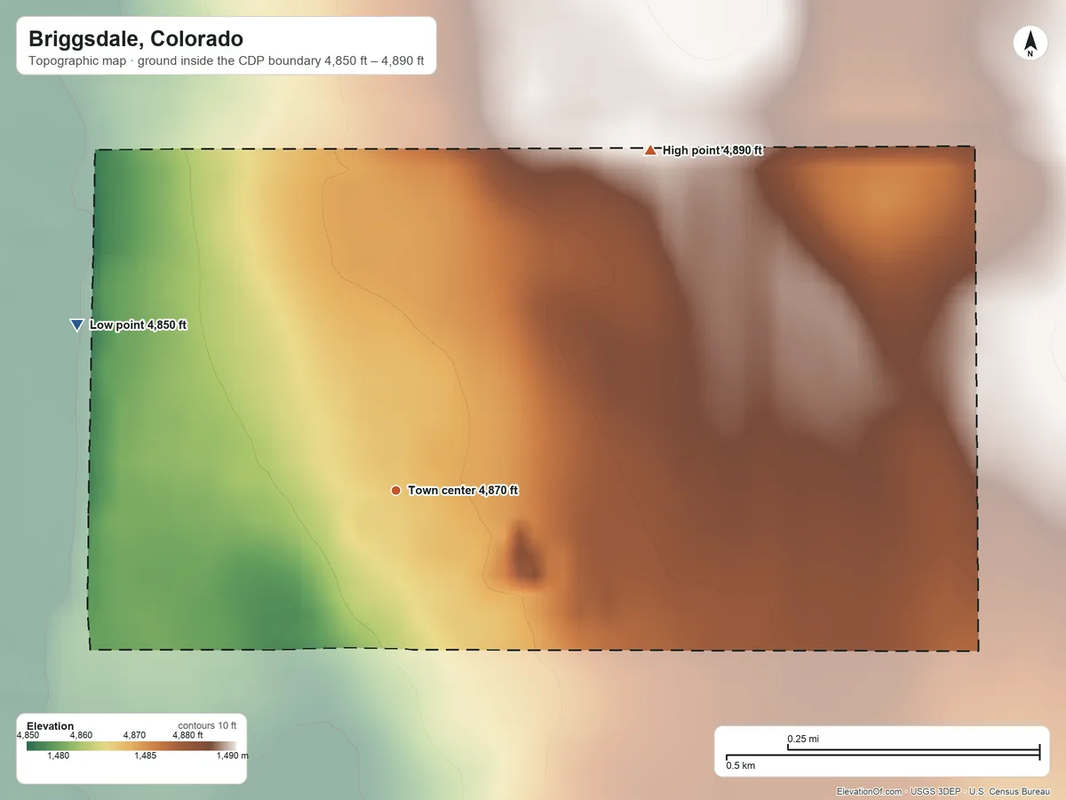 Topographic elevation map of Briggsdale, Colorado, shaded from 4,850 ft on the northwest side to 4,890 ft on the northeast side