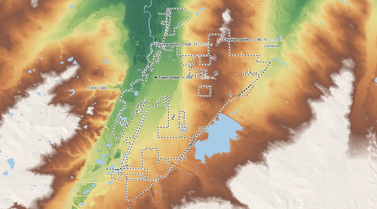 Topographic elevation map of Brighton, Colorado, shaded from 4,940 ft on the north side to 5,190 ft on the northeast side