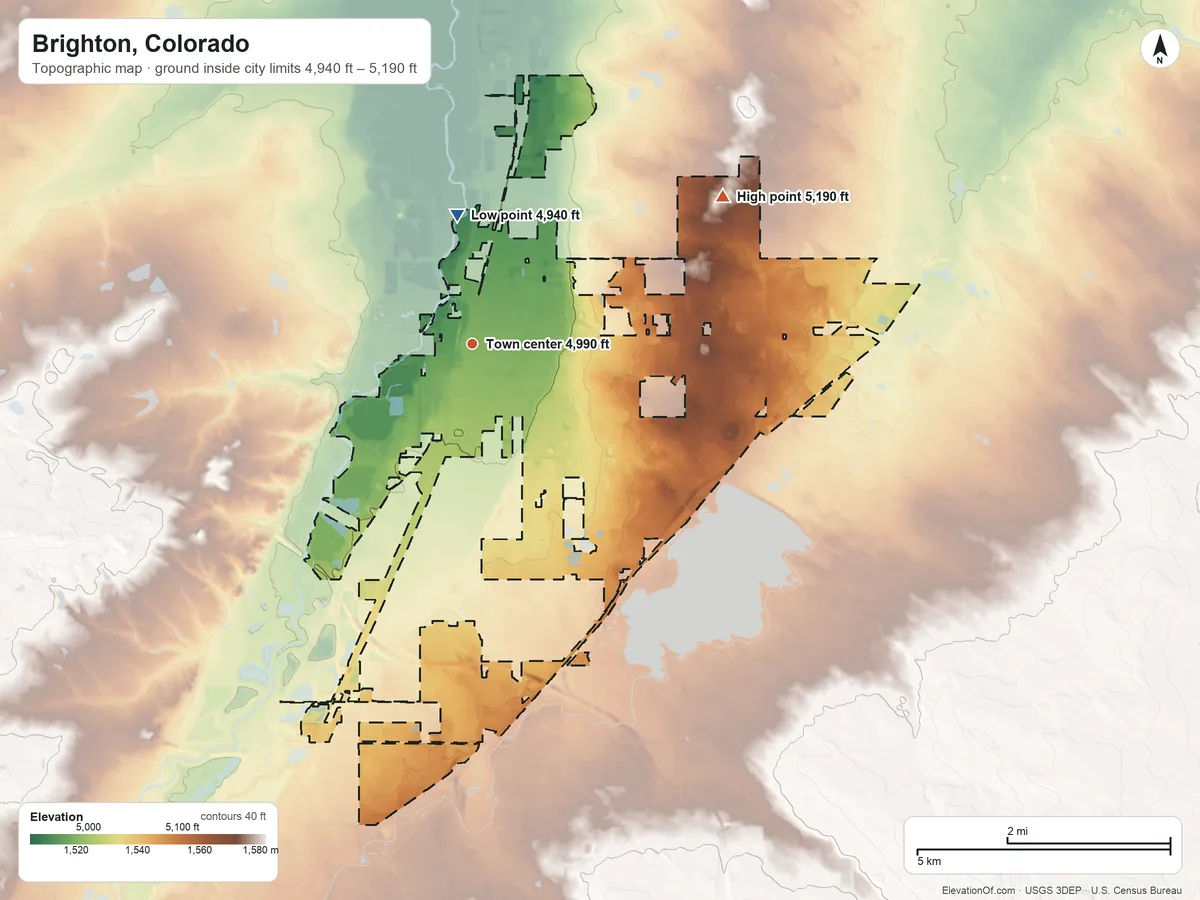 Topographic elevation map of Brighton, Colorado, shaded from 4,940 ft on the north side to 5,190 ft on the northeast side
