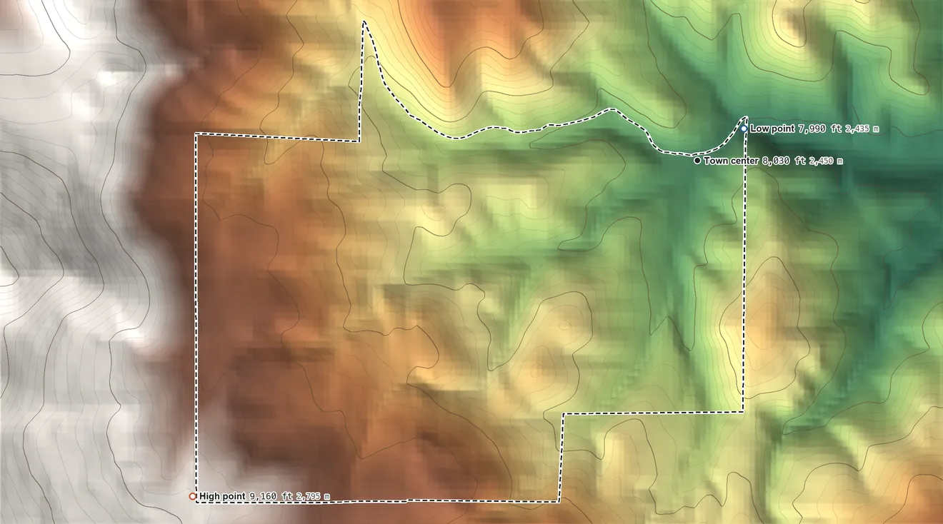 Topographic elevation map of Brook Forest, Colorado, shaded from 7,990 ft near the middle to 9,160 ft on the southwest edge, below higher ground just outside