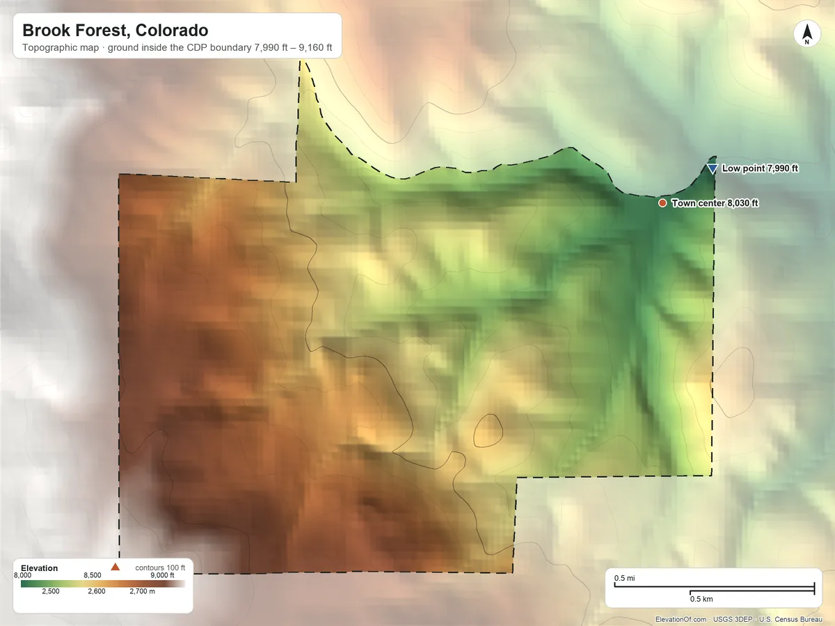 Topographic elevation map of Brook Forest, Colorado, shaded from 7,990 ft near the middle to 9,160 ft on the southwest edge, below higher ground just outside