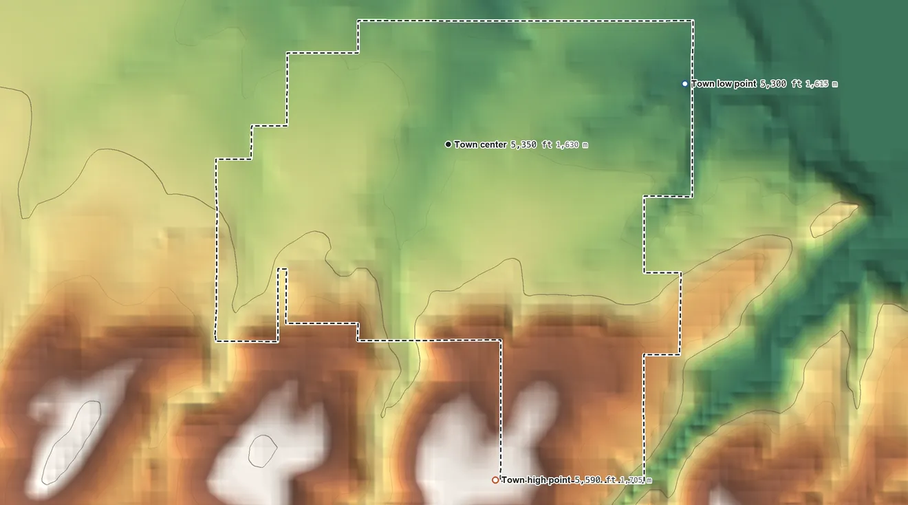 Topographic elevation map of Brookside, Colorado, shaded from 5,300 ft on the east side to 5,590 ft on the south side