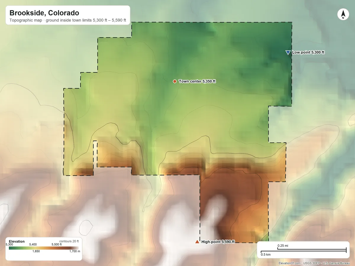 Topographic elevation map of Brookside, Colorado, shaded from 5,300 ft on the east side to 5,590 ft on the south side