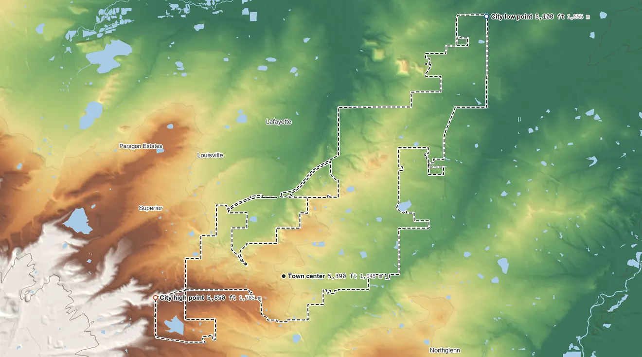 Topographic elevation map of Broomfield, Colorado, shaded from 5,100 ft on the northeast side to 5,850 ft on the west side