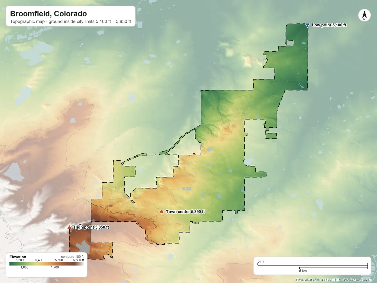 Topographic elevation map of Broomfield, Colorado, shaded from 5,100 ft on the northeast side to 5,850 ft on the west side