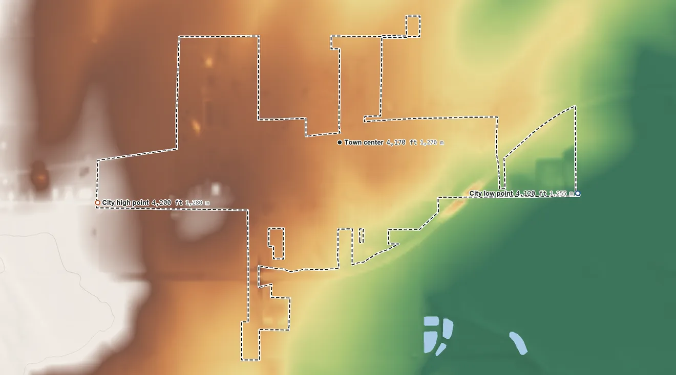 Topographic elevation map of Burlington, Colorado, shaded from 4,120 ft on the east side to 4,200 ft on the west side
