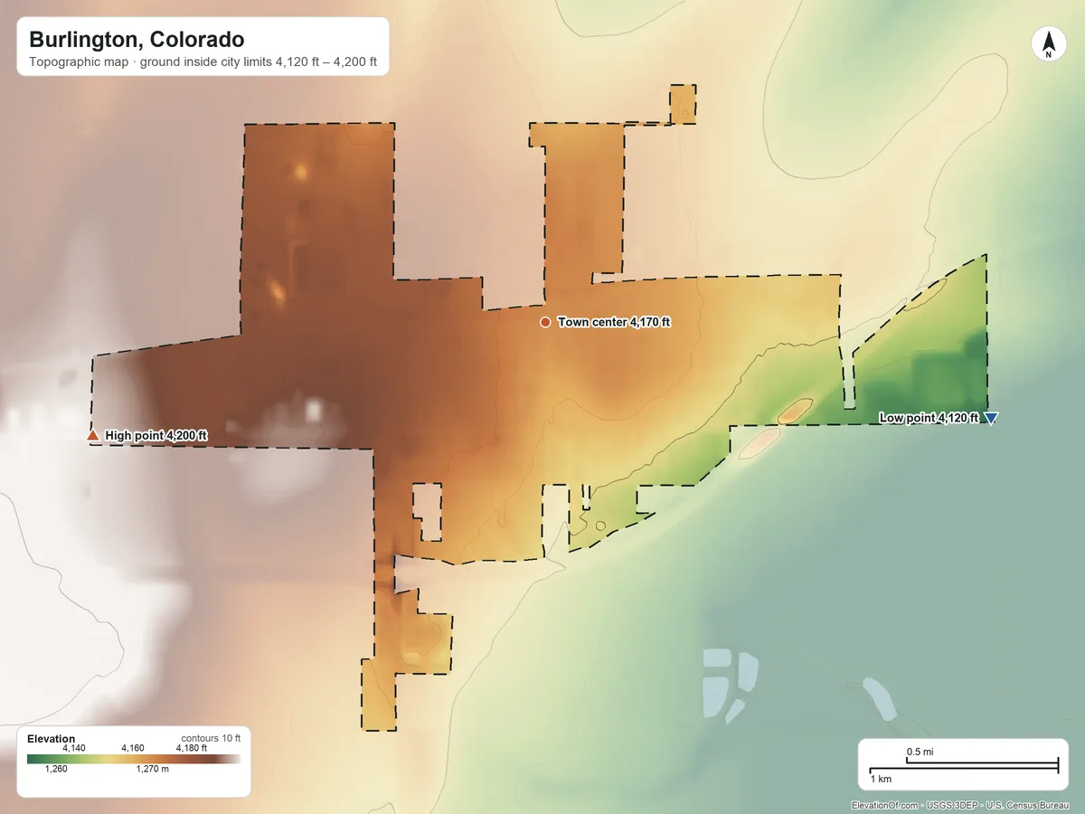 Topographic elevation map of Burlington, Colorado, shaded from 4,120 ft on the east side to 4,200 ft on the west side