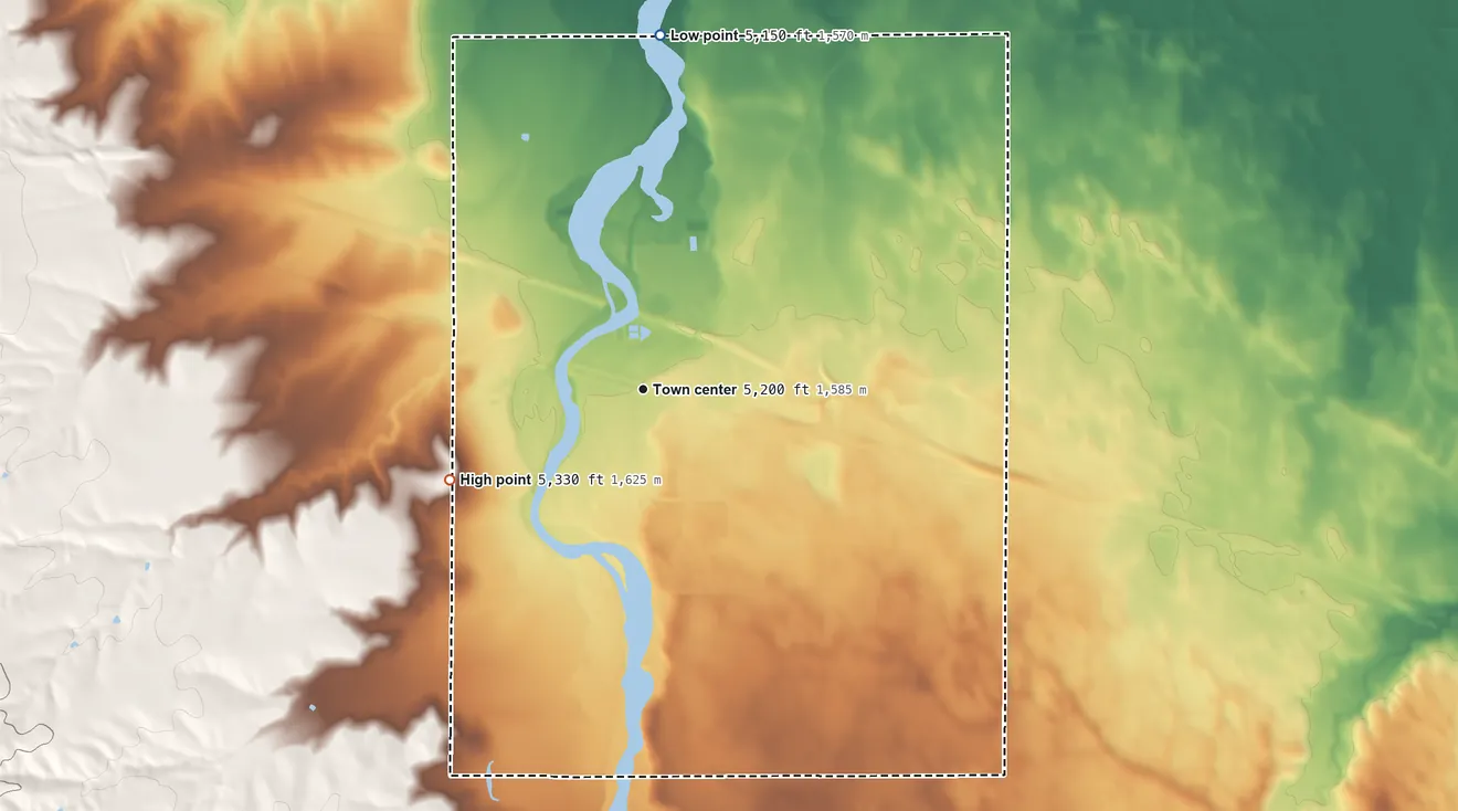 Topographic elevation map of Byers, Colorado, shaded from 5,150 ft on the north side to 5,330 ft on the southwest side