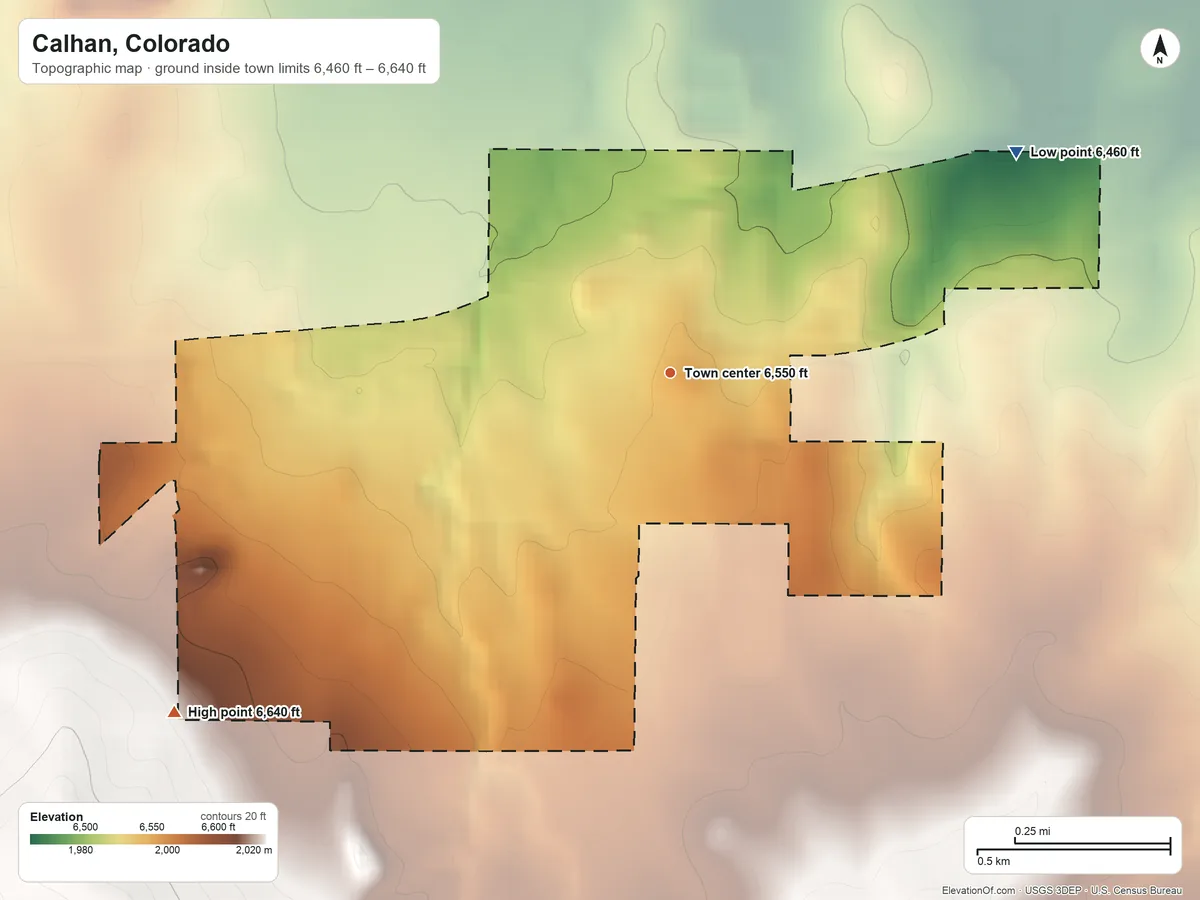 Topographic elevation map of Calhan, Colorado, shaded from 6,460 ft on the northeast side to 6,640 ft on the southwest edge, below higher ground just outside