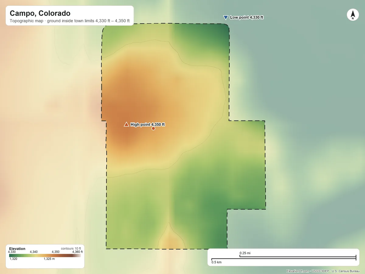 Topographic elevation map of Campo, Colorado, shaded from 4,330 ft on the northeast side to 4,350 ft near the middle