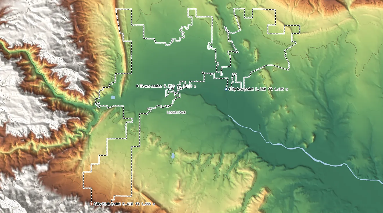 Topographic elevation map of Cañon City, Colorado, shaded from 5,260 ft on the east side to 6,410 ft on the south edge, below higher ground just outside