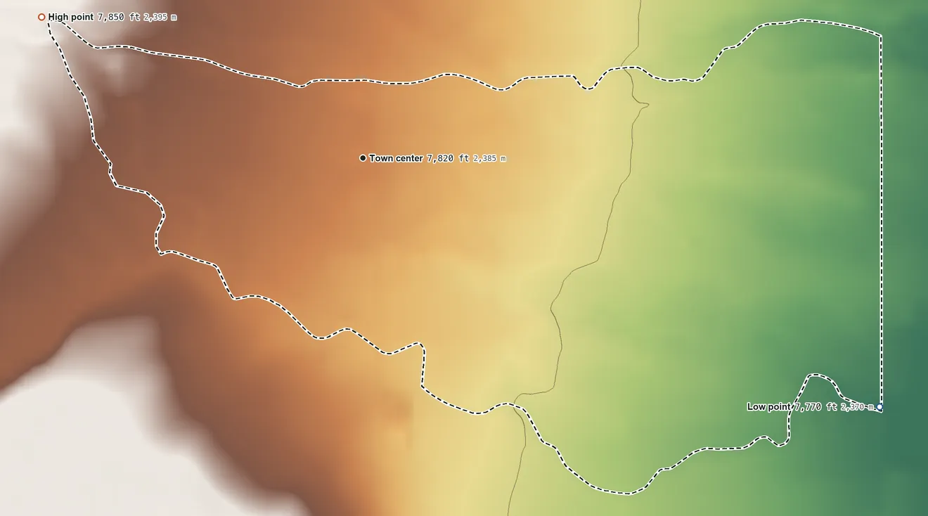 Topographic elevation map of Capulin, Colorado, shaded from 7,770 ft on the southeast side to 7,850 ft on the northwest side
