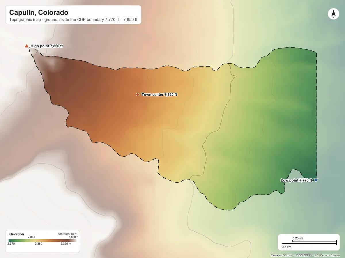 Topographic elevation map of Capulin, Colorado, shaded from 7,770 ft on the southeast side to 7,850 ft on the northwest side
