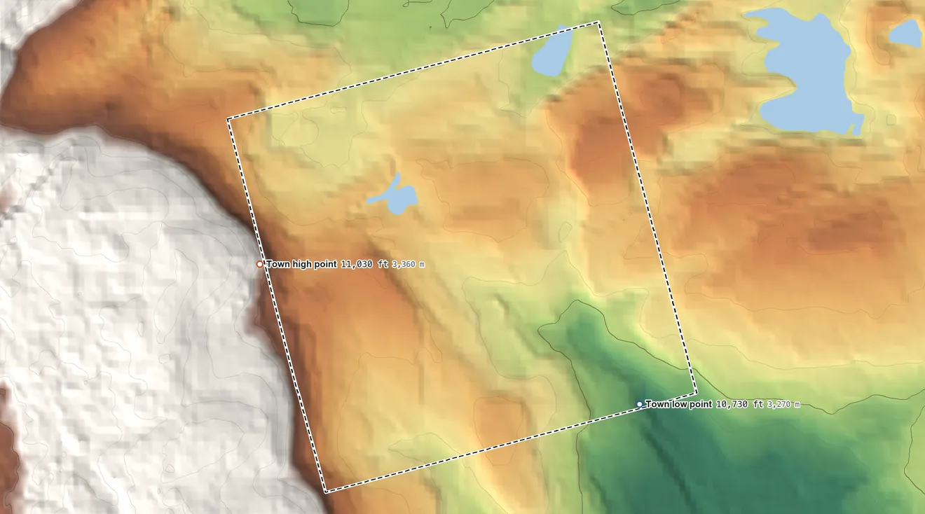 Topographic elevation map of Carbonate, Colorado, shaded from 10,730 ft on the southeast side to 11,030 ft on the west edge, below higher ground just outside