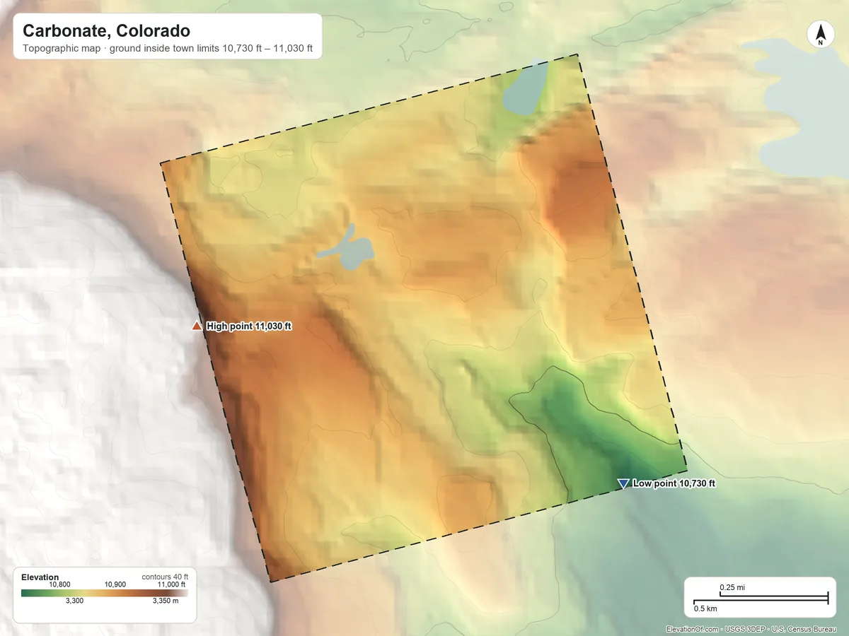 Topographic elevation map of Carbonate, Colorado, shaded from 10,730 ft on the southeast side to 11,030 ft on the west edge, below higher ground just outside