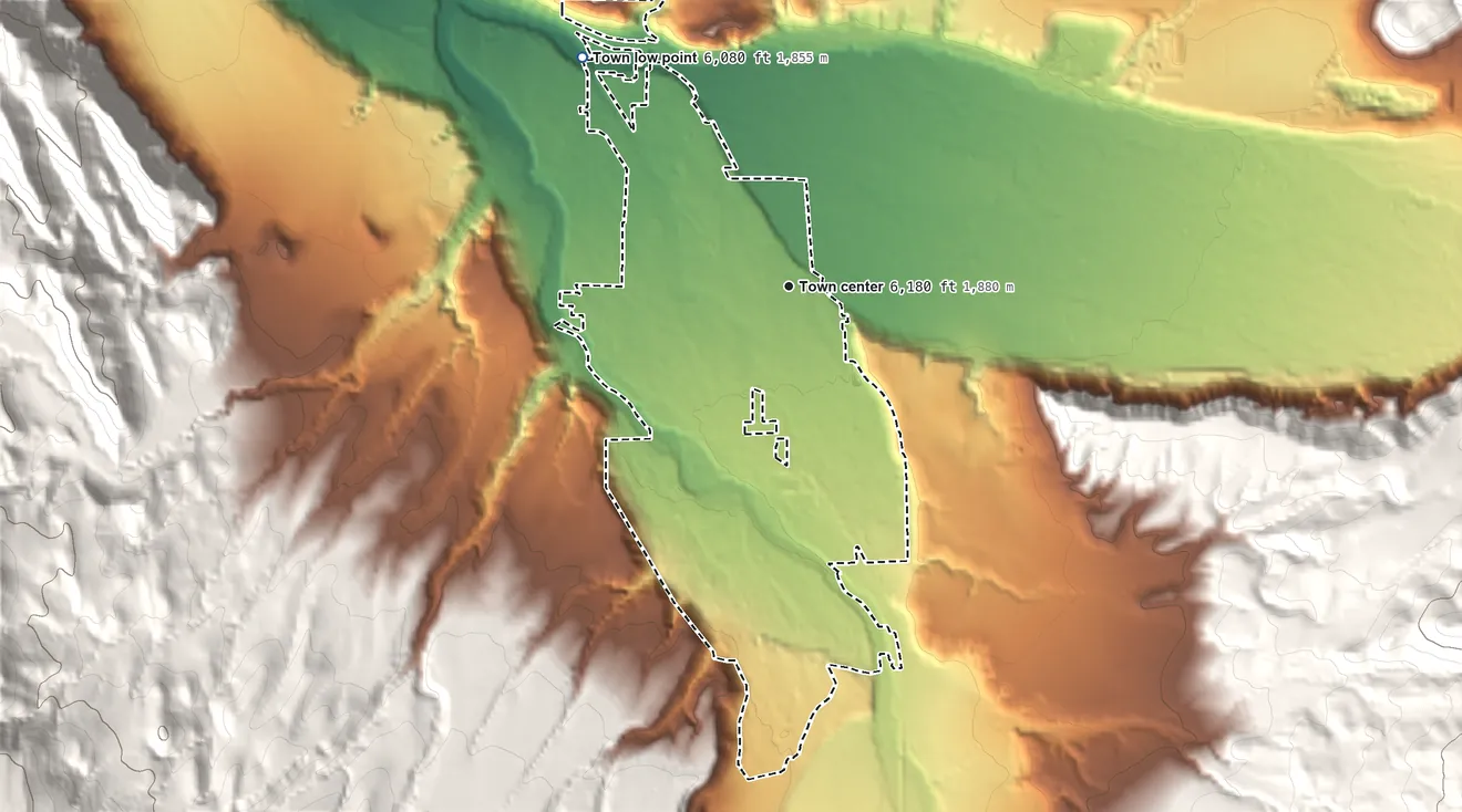 Topographic elevation map of Carbondale, Colorado, shaded from 6,080 ft on the northwest side to 6,580 ft on the northwest edge, below higher ground just outside