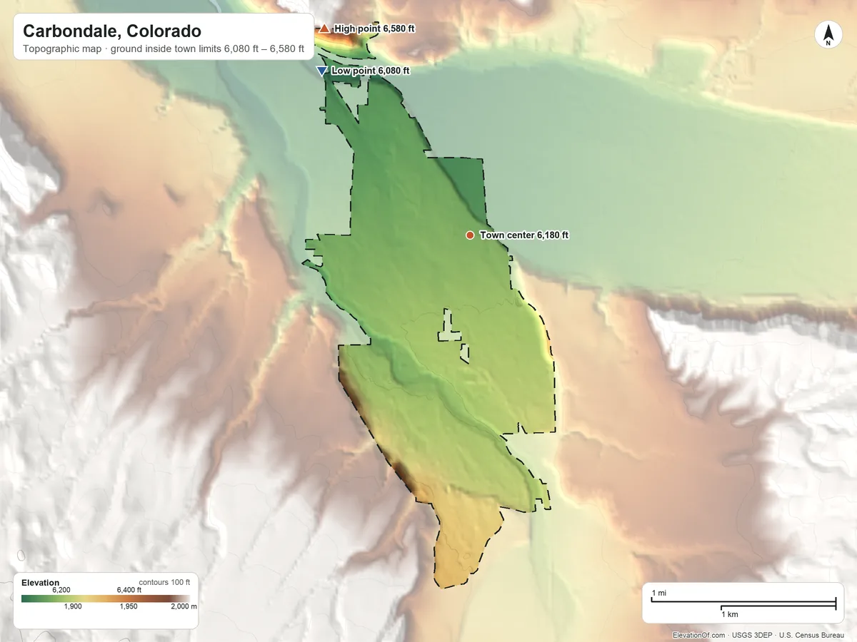 Topographic elevation map of Carbondale, Colorado, shaded from 6,080 ft on the northwest side to 6,580 ft on the northwest edge, below higher ground just outside