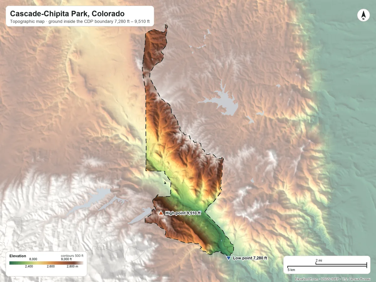 Topographic elevation map of Cascade-Chipita Park, Colorado, shaded from 7,280 ft on the southeast side to 9,510 ft at the foot of the Granite Hills