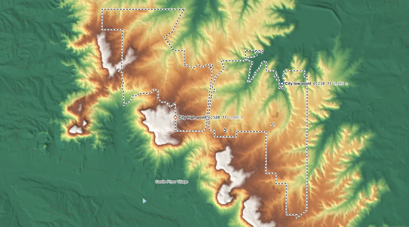 Topographic elevation map of Castle Pines, Colorado, shaded from 6,210 ft on the east side to 6,580 ft on the south side