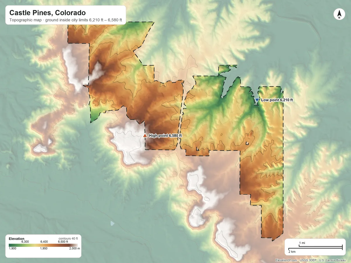 Topographic elevation map of Castle Pines, Colorado, shaded from 6,210 ft on the east side to 6,580 ft on the south side