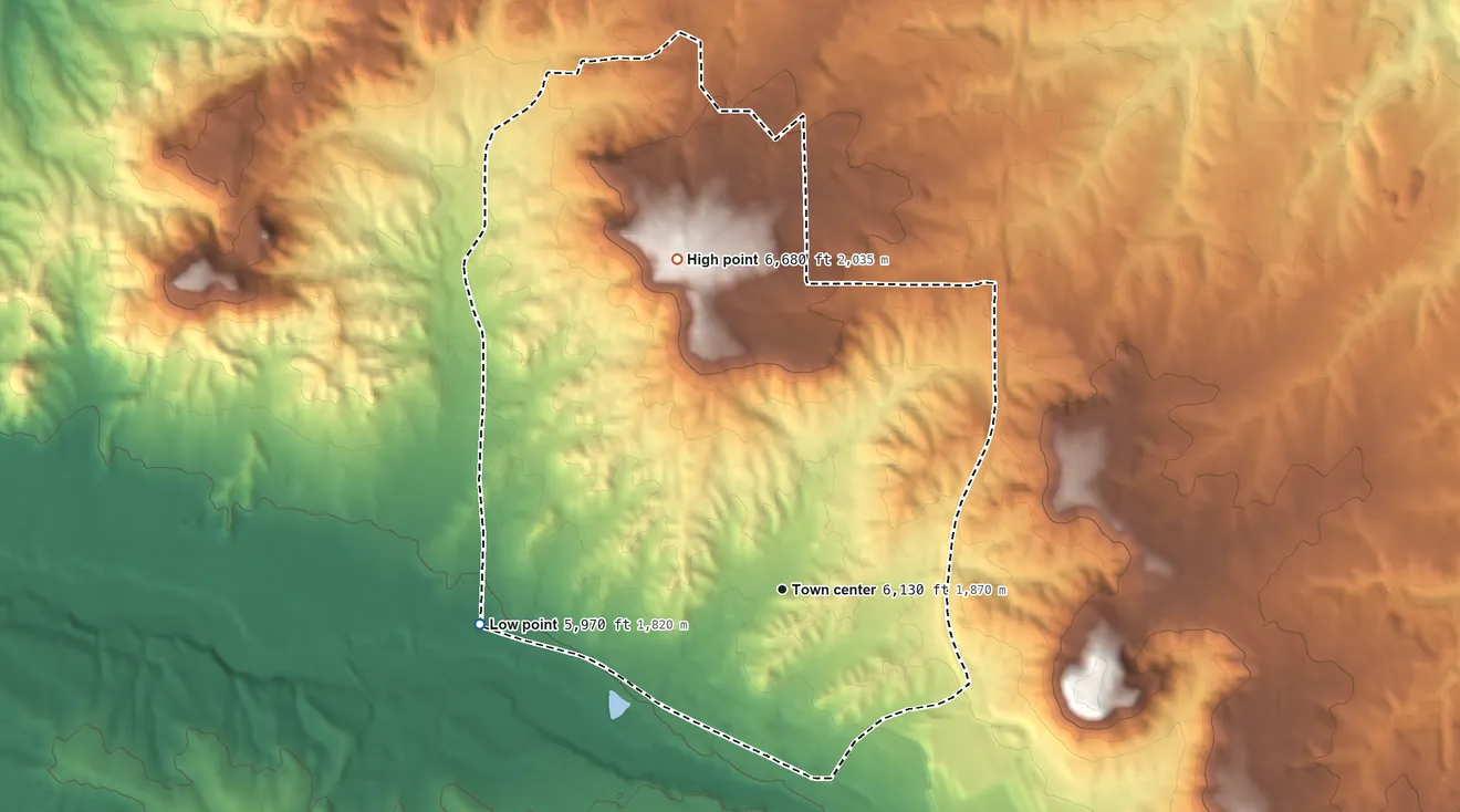 Topographic elevation map of Castle Pines Village, Colorado, shaded from 5,970 ft on the west side to 6,680 ft on the north side