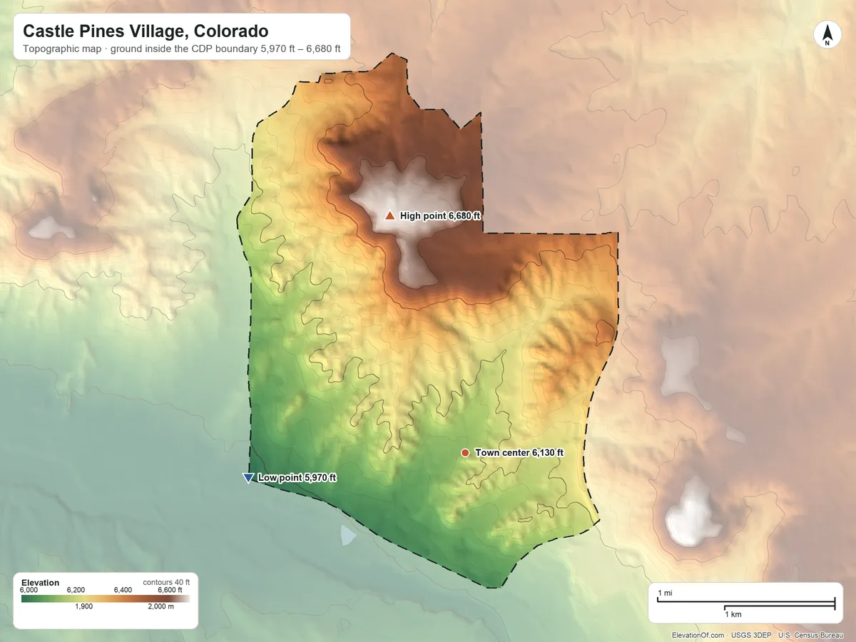 Topographic elevation map of Castle Pines Village, Colorado, shaded from 5,970 ft on the west side to 6,680 ft on the north side